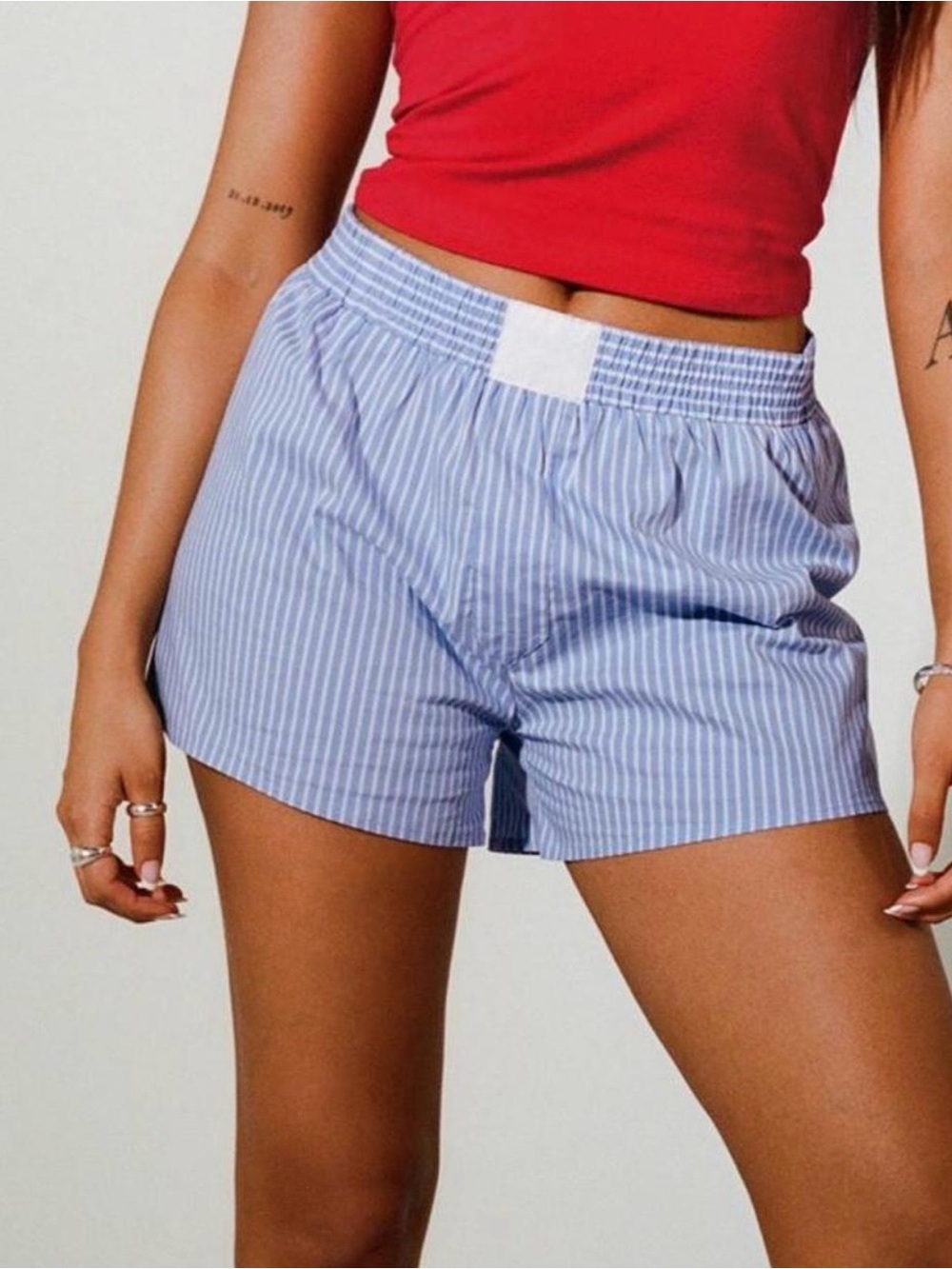 Lioness Light Blue & White Striped Elastic-Waist Shorts